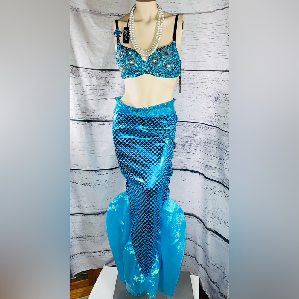 FORPLAY Blue Mermaid Costume S/M NEW in Dress Bag and Faux Pearls Bra Skirt Tags
